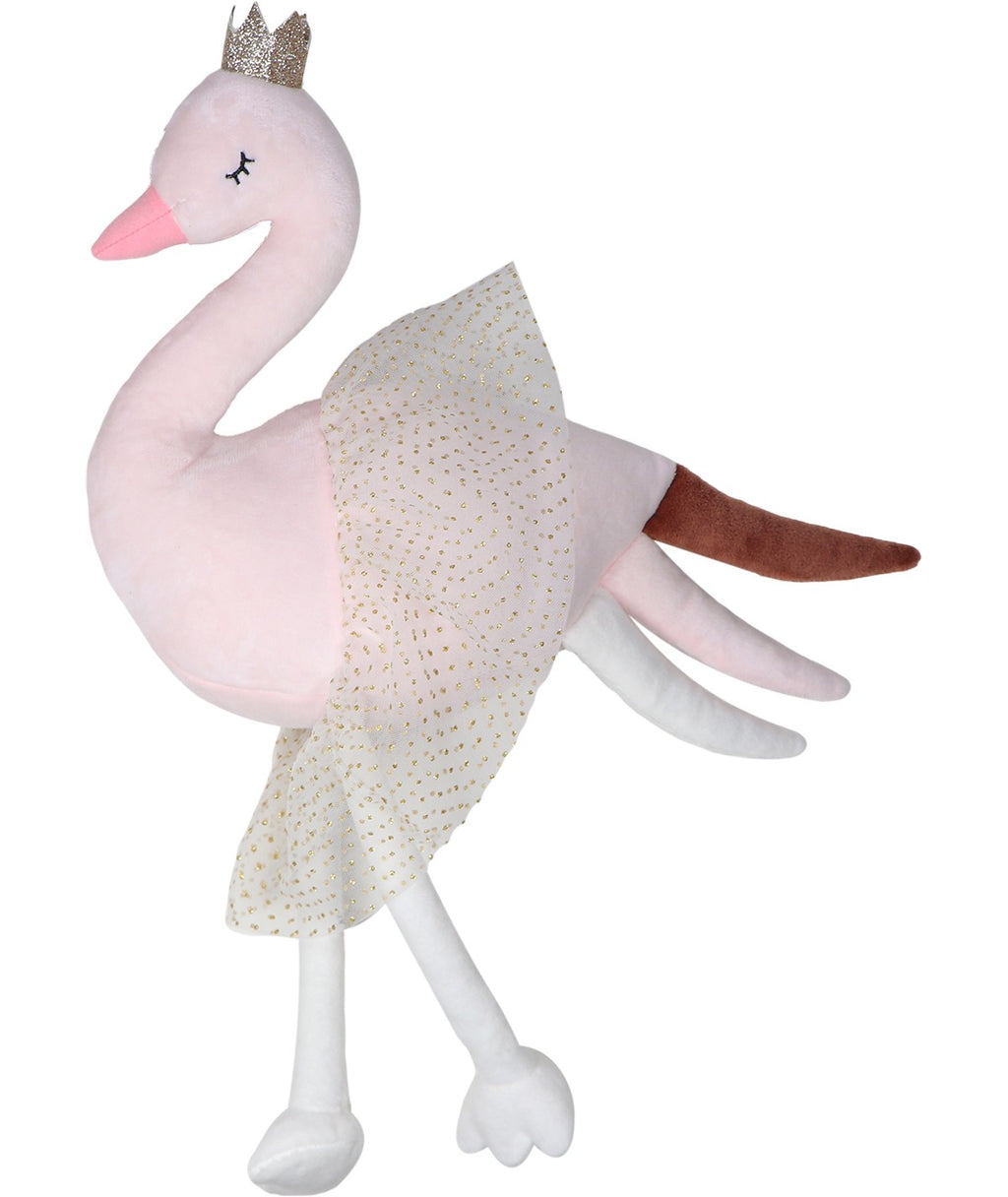 Peluche de cisne Ivy cor-de-rosa em pose de dança, com saia de malha, asas e pernas brancas esticadas.