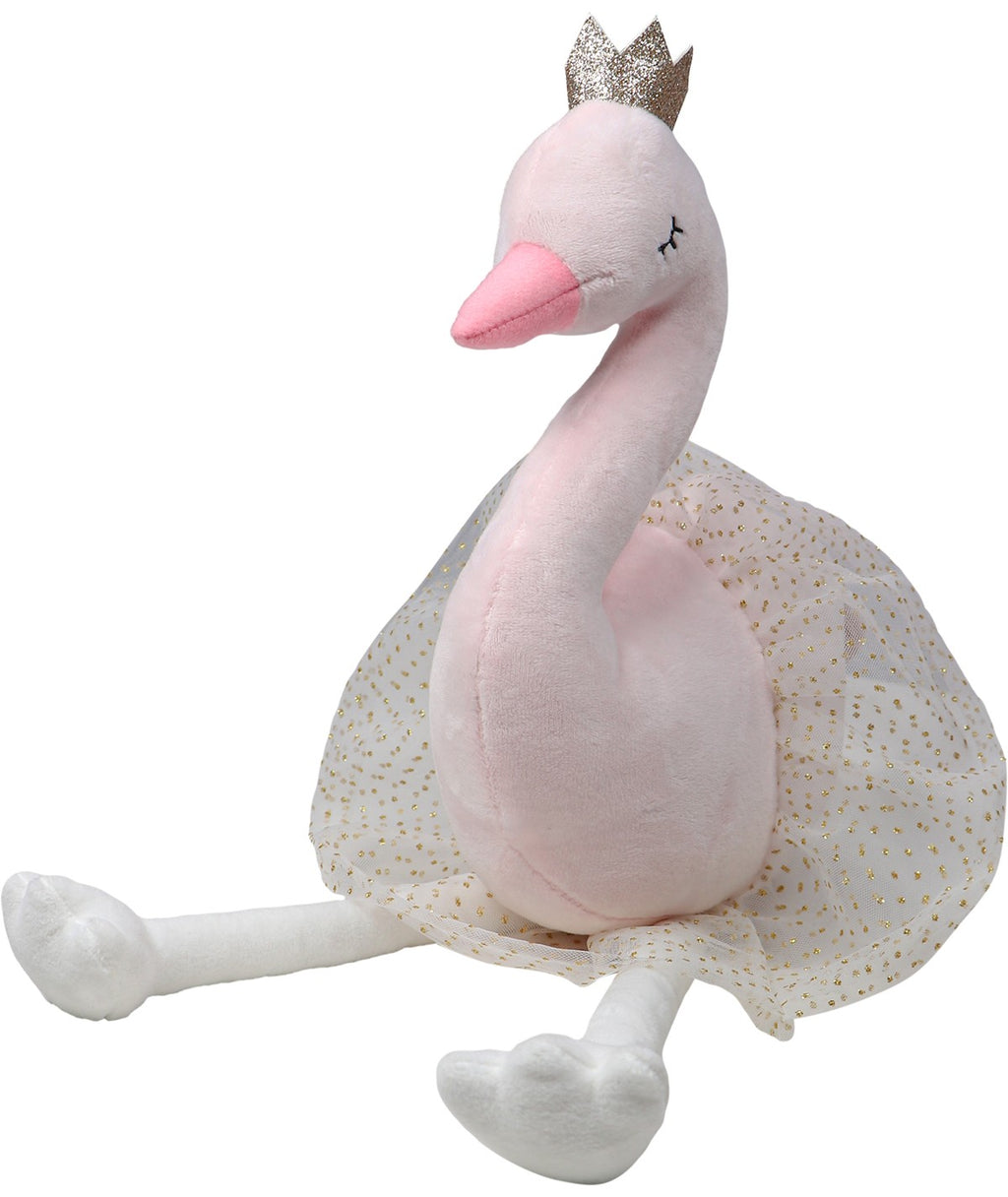 Peluche de cisne Ivy rosa, grande e macio, com coroa dourada e saia de malha branca com bolinhas douradas, em fundo branco.