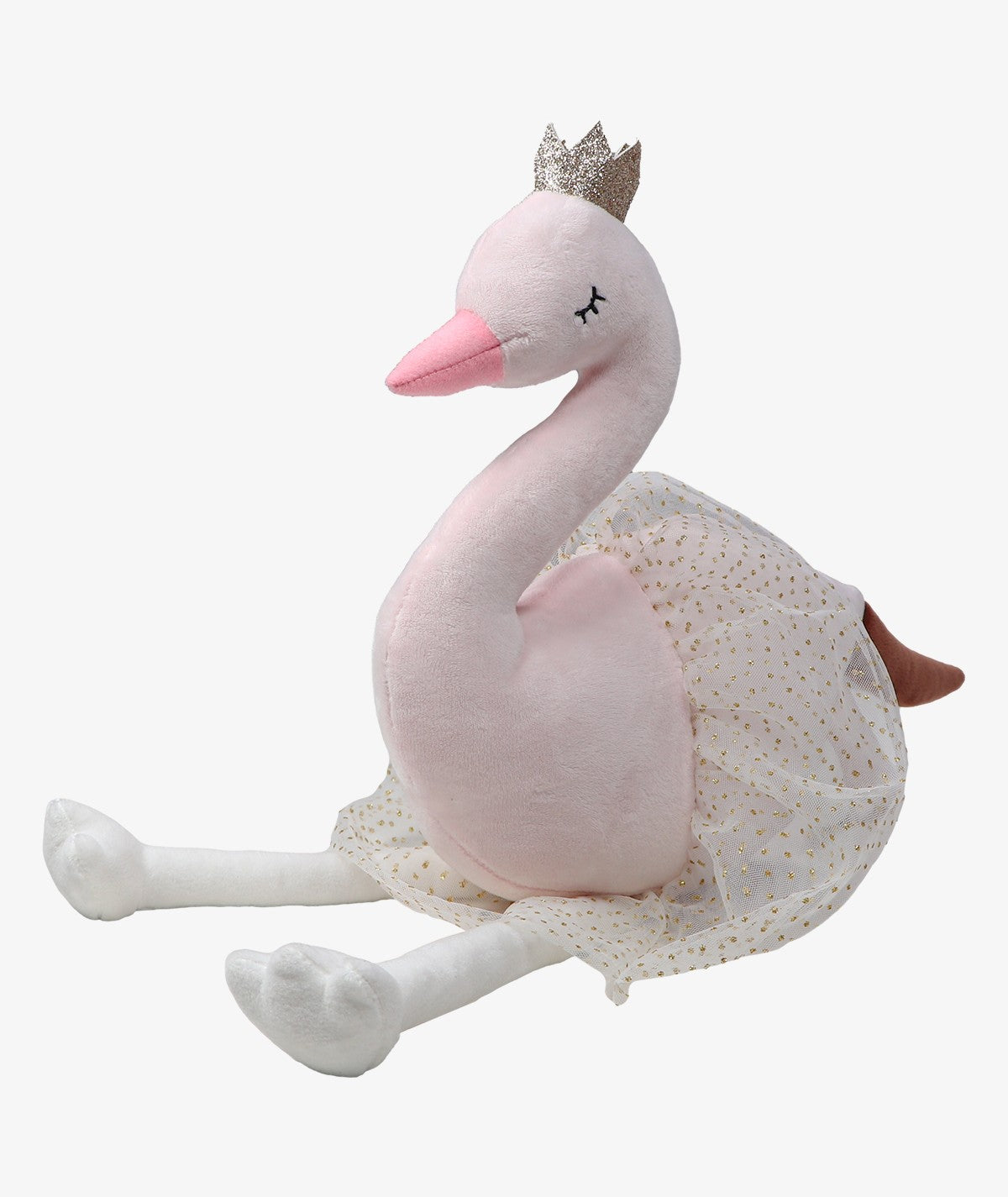 Peluche de cisne cor-de-rosa Ivy da TrycoBaby, sentada, com coroa dourada e saia de malha branca com bolinhas douradas.