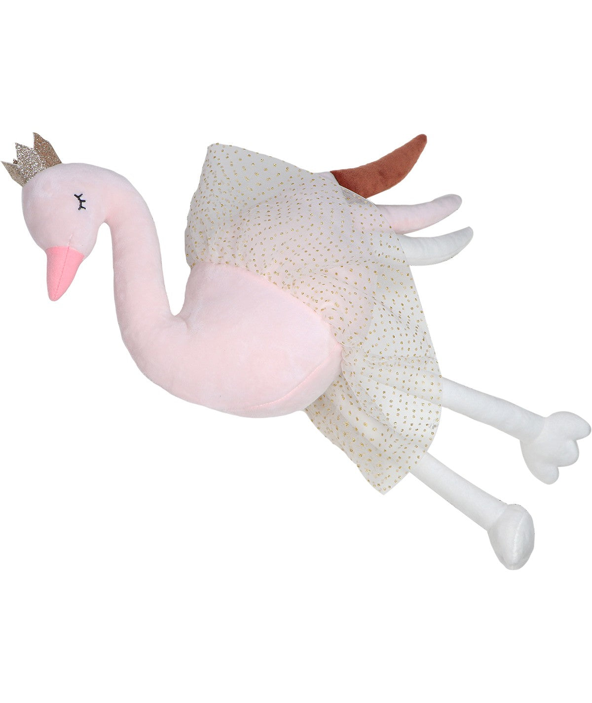 Peluche de cisne Ivy cor-de-rosa em posição de voo ou deitada, destacando o corpo macio e a saia rodada.