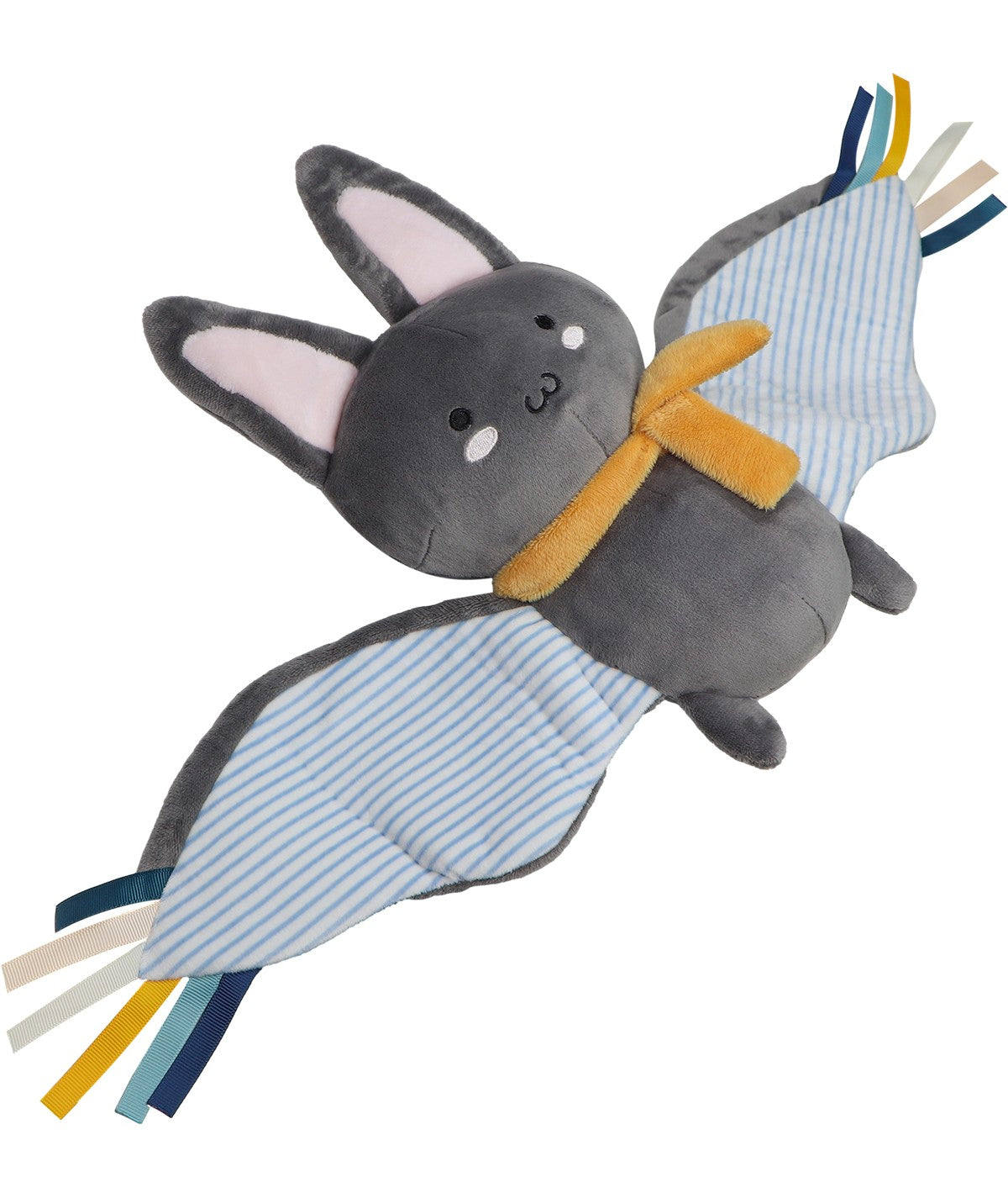 Peluche de morcego Bruce cinzento da Tryco, com asas listradas a azul e branco e lenço amarelo, exibindo etiquetas coloridas.