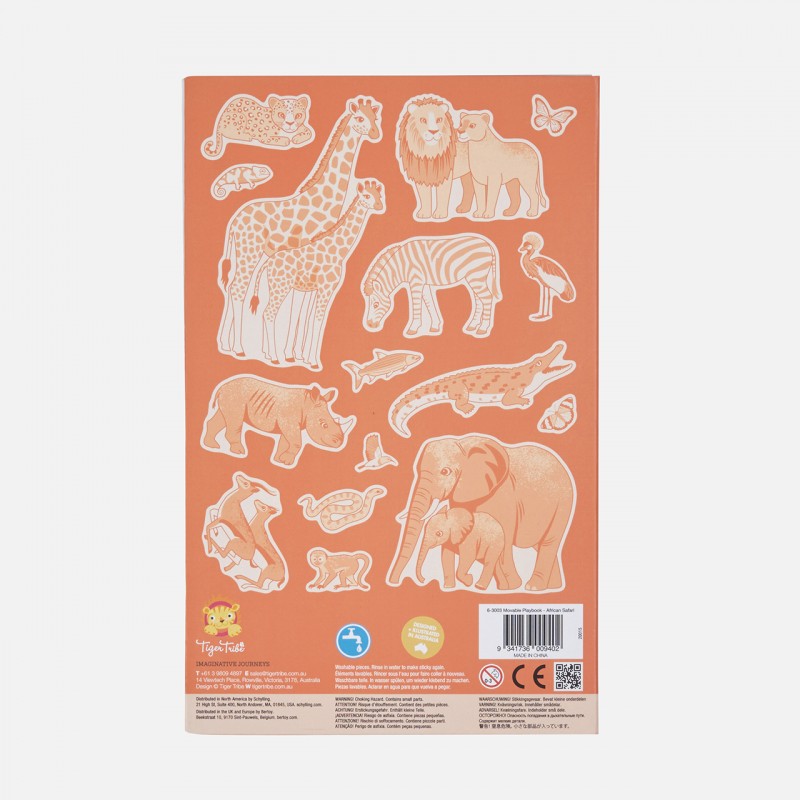 Verso do livro de atividades Tiger Tribe, exibindo todos os autocolantes disponíveis no tema Safari Africano em tons de laranja e branco.