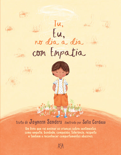 Ilustração encantadora do livro "Tu, Eu, no dia a dia com Empatia", mostrando uma criança sorridente em um cenário alegre, representando a empatia e a bondade.