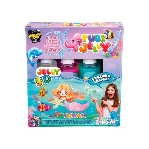Kit de gel criativo Tubi Jelly com cores rosa, roxo e amarelo e moldes de sereia.