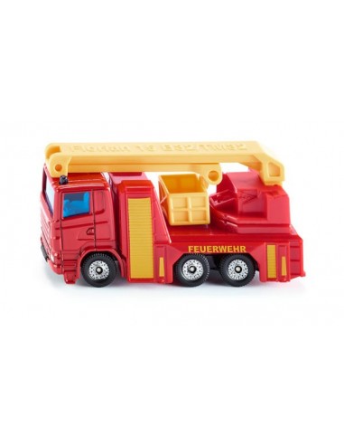 Miniatura de um camião dos bombeiros Siku vermelho e amarelo, visto de lado, com uma escada de resgate amarela dobrada sobre o corpo do veículo.