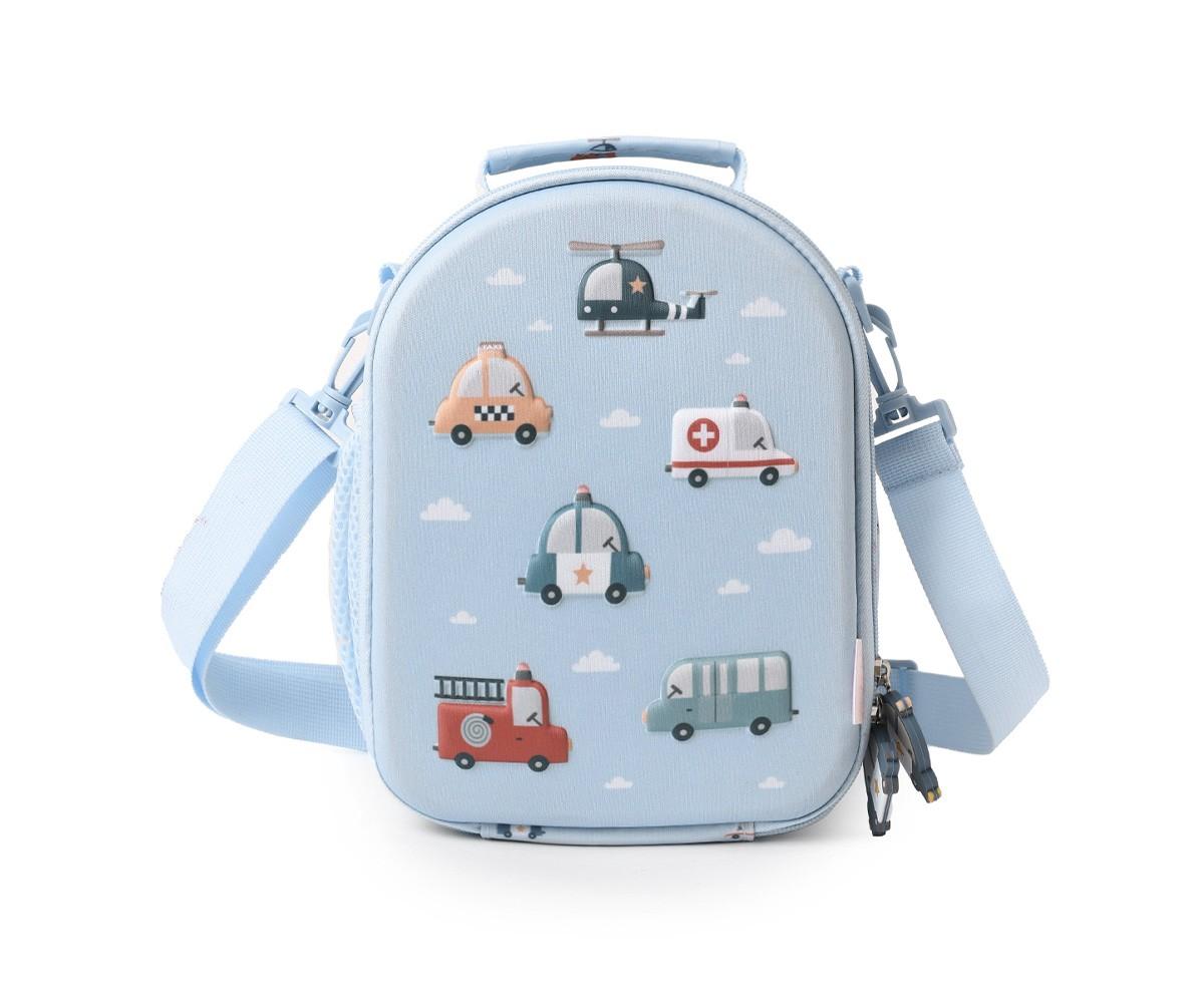 Bolsa térmica Tutete City Cars azul bebé, vista frontal, com fecho de correr e alça de ombro.