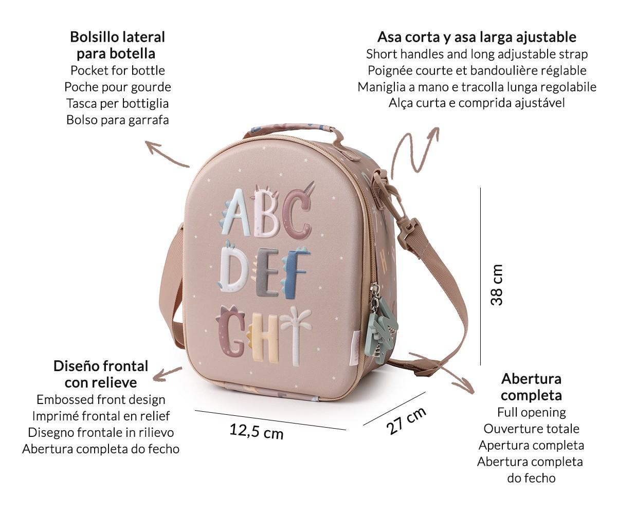 Detalhe das dimensões da bolsa lanche térmica Tutete 3D Funny Letters, com texto multilíngue e representação visual das medidas.