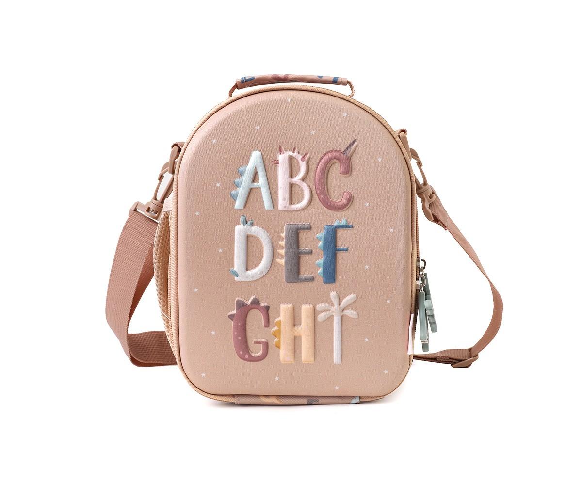 Bolsa lanche térmica Tutete 3D Funny Letters bege, vista frontal, com alça de ombro e bolso lateral. Letras e desenhos coloridos em relevo.