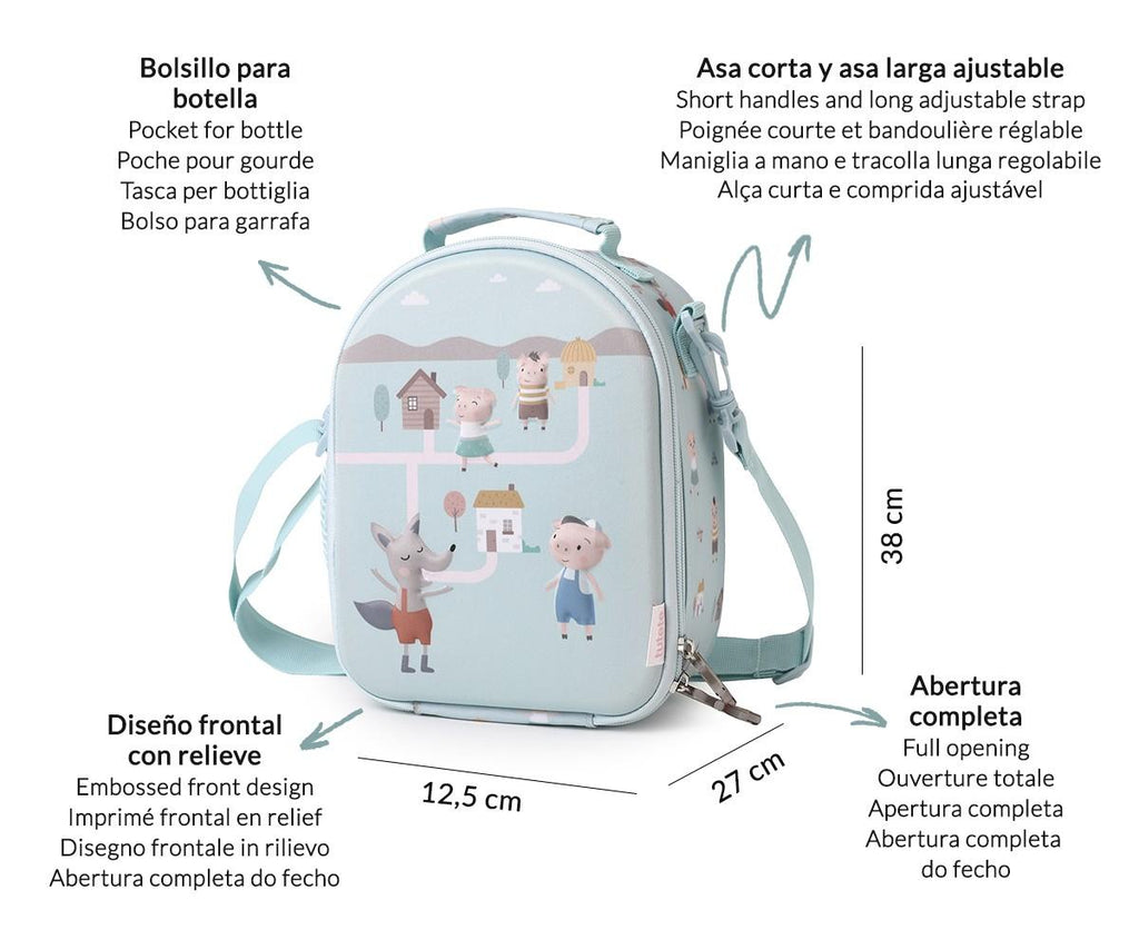 Diagrama da bolsa lancheira térmica Tutete com dimensões (27x12,5x38 cm) e características como bolso lateral e alças ajustáveis.