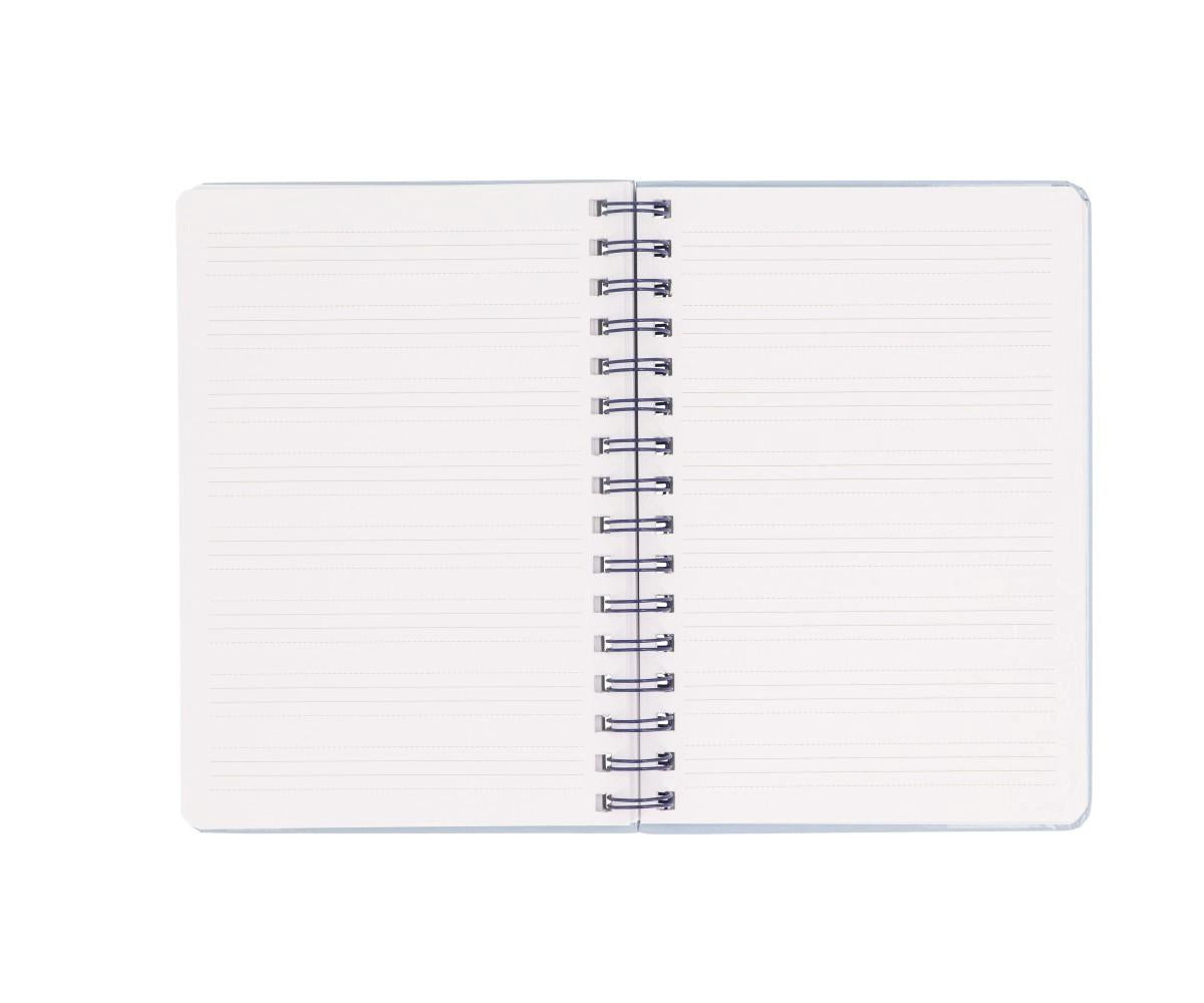 Interior aberto do Caderno Escolar Tutete, mostrando páginas pautadas com espiral dupla azul, ideal para escrita.