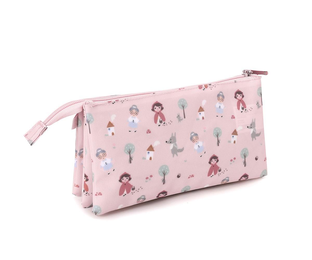Estojo Tutete de 3 compartimentos em tecido rosa com padrão de contos de fadas (Chapeuzinho Vermelho e lobo), visto de lado.