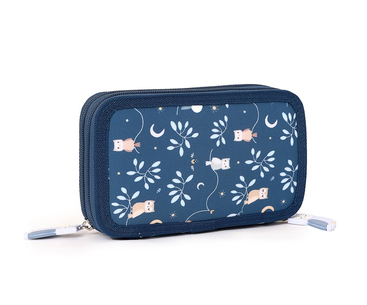 Estojo Plumier Duplo Tutete azul-marinho com padrão noturno de corujas, luas e folhas, ideal para material escolar.