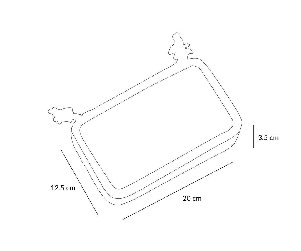 Esboço técnico do estojo duplo Tutete com dimensões indicadas: 20 cm (comprimento), 12.5 cm (largura) e 3.5 cm (profundidade).