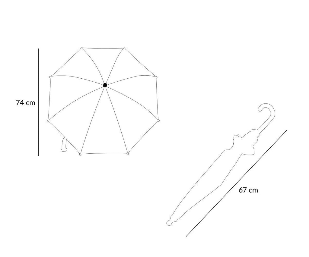 Ilustração das dimensões do guarda-chuva Tutete O Capuchinho Vermelho, mostrando o comprimento (67cm) quando fechado e o diâmetro (74cm) quando aberto.