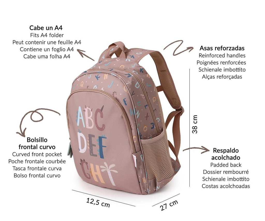 Diagrama com dimensões da mochila Tutete (38x27x12,5 cm) e detalhes de alças, encosto e bolso frontal.