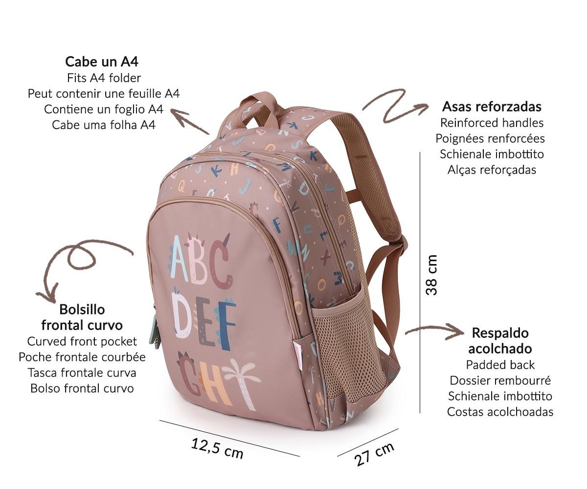 Diagrama com dimensões da mochila Tutete (38x27x12,5 cm) e detalhes de alças, encosto e bolso frontal.
