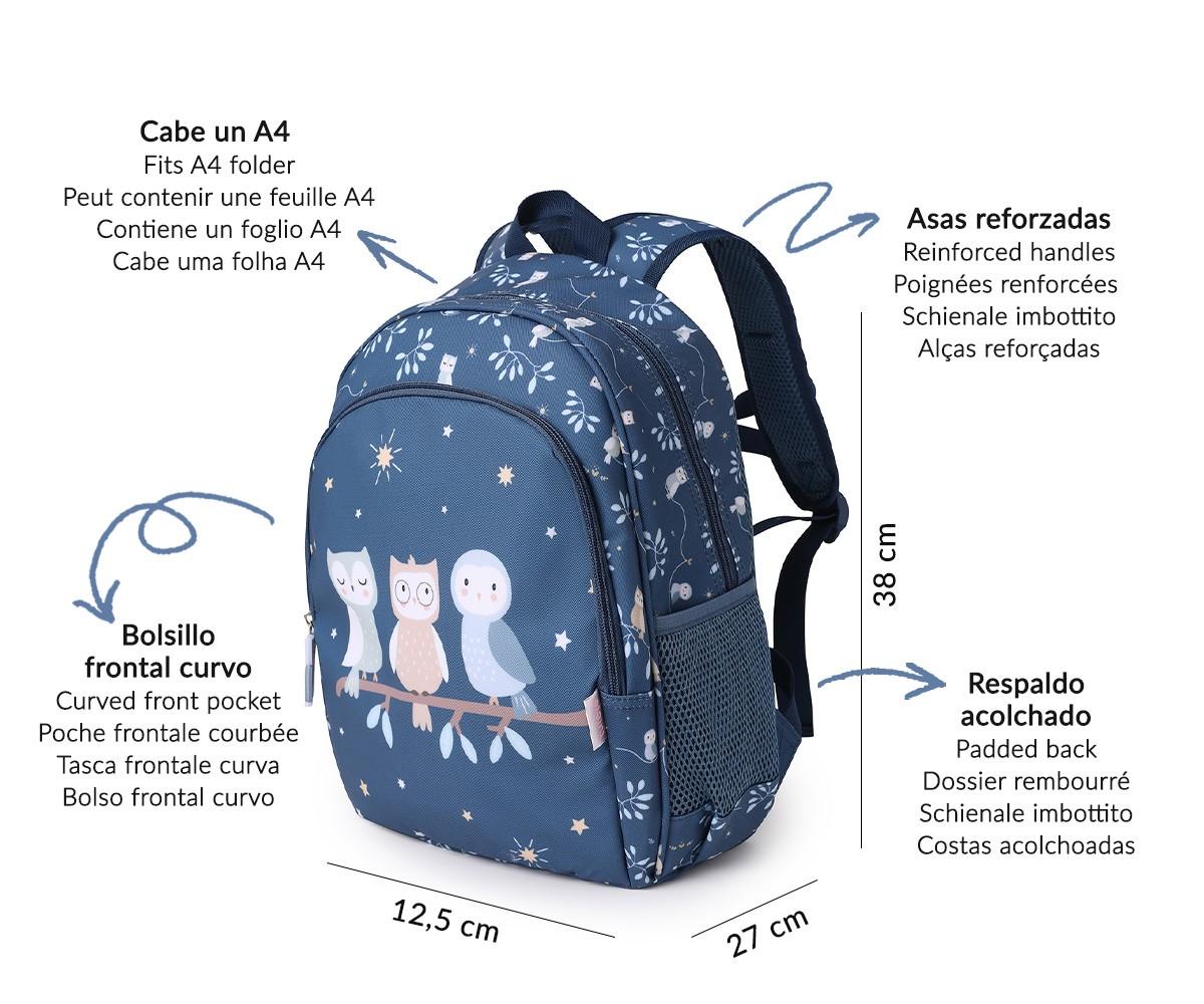 Diagrama da mochila Tutete Magical Forest com setas a indicar dimensões (38x27x12,5 cm) e características como alças reforçadas e bolso frontal.