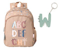 Mochila escolar Tutete Funny Letters bege com padrão de letras e porta-chaves de letra 'W' dinossauro.