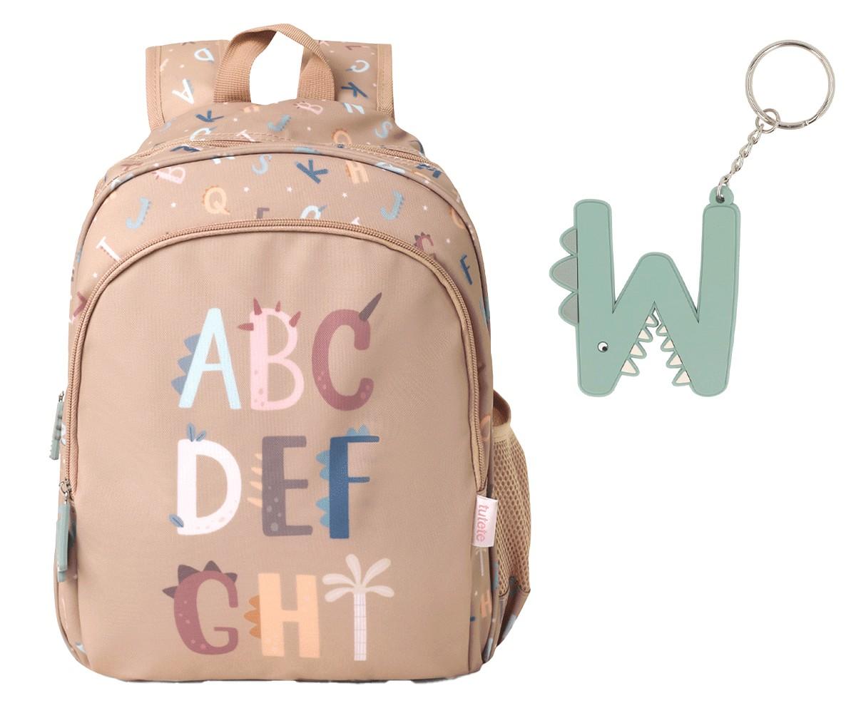 Mochila escolar Tutete Funny Letters bege com padrão de letras e porta-chaves de letra 'W' dinossauro.