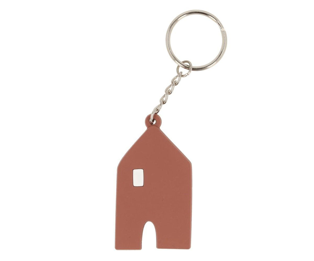 Porta-chaves personalizável Tutete em forma de casa castanha com uma pequena janela, visto de frente.
