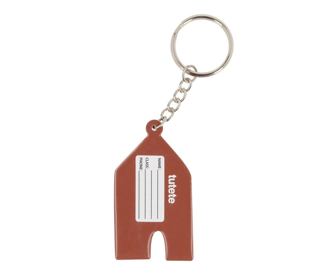 Verso do porta-chaves personalizável Tutete com espaço para preenchimento de nome, turma e telefone, e logótipo "tutete".