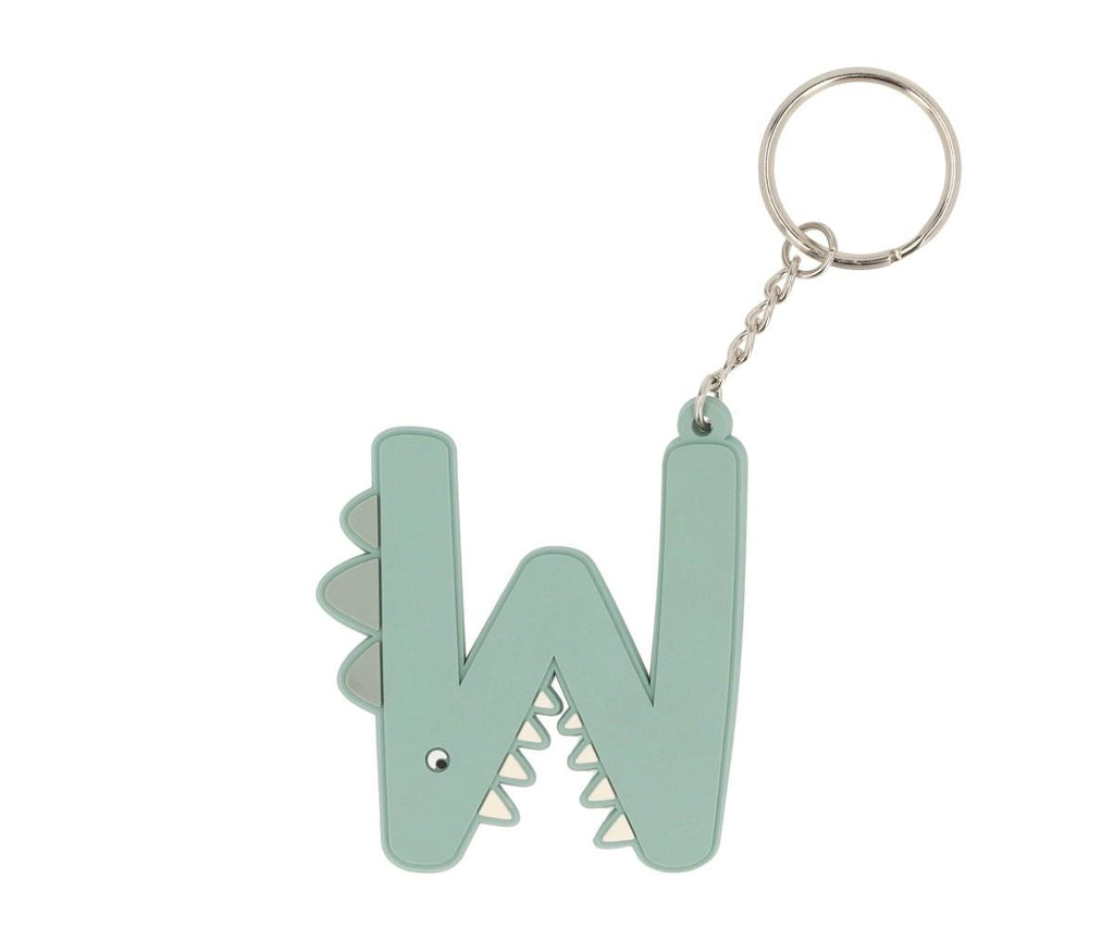 Close-up do porta-chaves personalizável da Tutete em forma de letra 'W' verde-água com design de dinossauro.