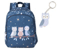 Mochila escolar azul escura Tutete Magical Forest com três corujas e porta-chaves de coruja cinza, isolados em fundo branco.