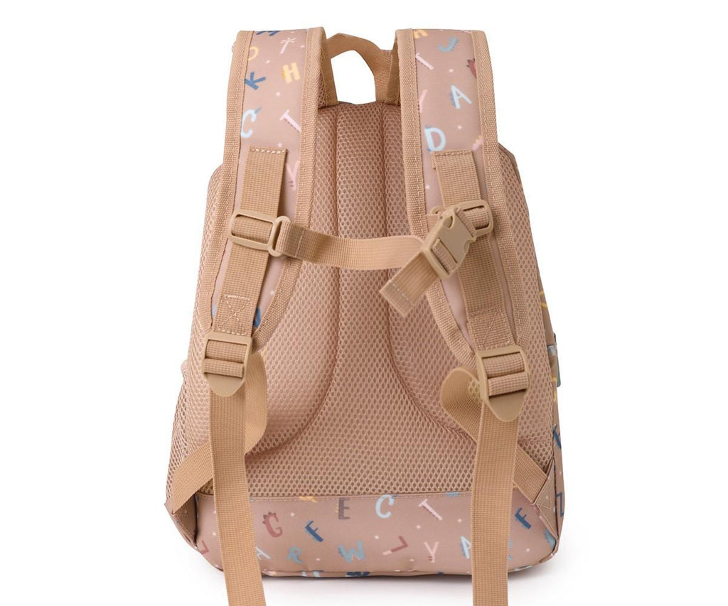 Parte traseira da mochila escolar Tutete bege, destacando alças acolchoadas ajustáveis e fecho peitoral de segurança.