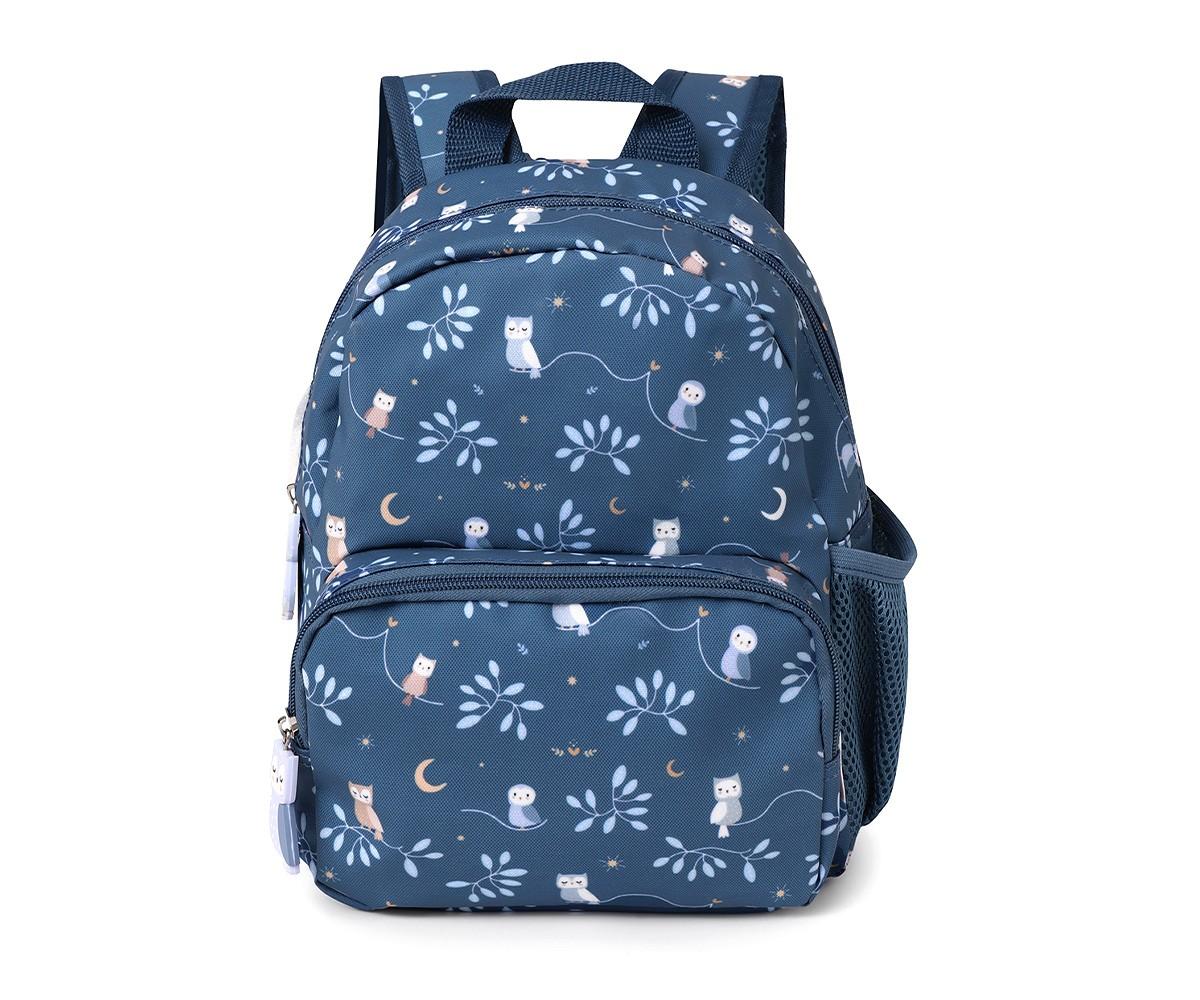 Mochila infantil Tutete azul escura com padrão de corujas brancas e luas, vista frontal, ideal para jardim de infância.