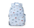 Mochila infantil Tutete azul clara com padrão de veículos (camiões, ambulâncias, helicópteros) em fundo de céu, vista frontal.