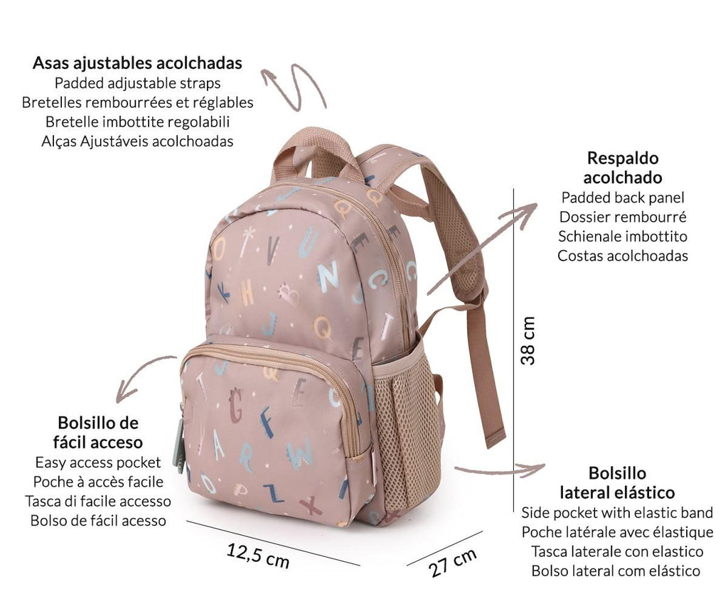 Diagrama ilustrativo da mochila Tutete bege com dimensões (28x25x9 cm) e características como alças acolchoadas e bolsos laterais.
