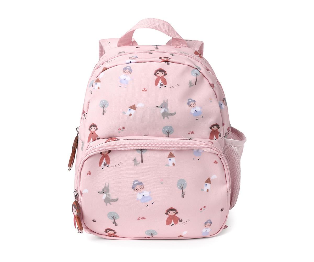 Mochila infantil Tutete cor-de-rosa com padrão de "Capuchinho Vermelho" e lobo, sem personalização. Vista frontal.