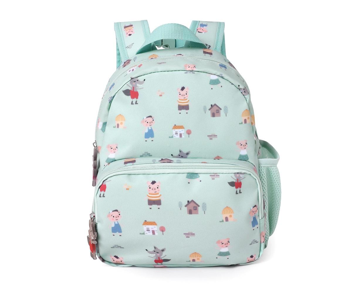 Mochila infantil Tutete verde-água com padrão dos Três Porquinhos e casas, vista frontal.