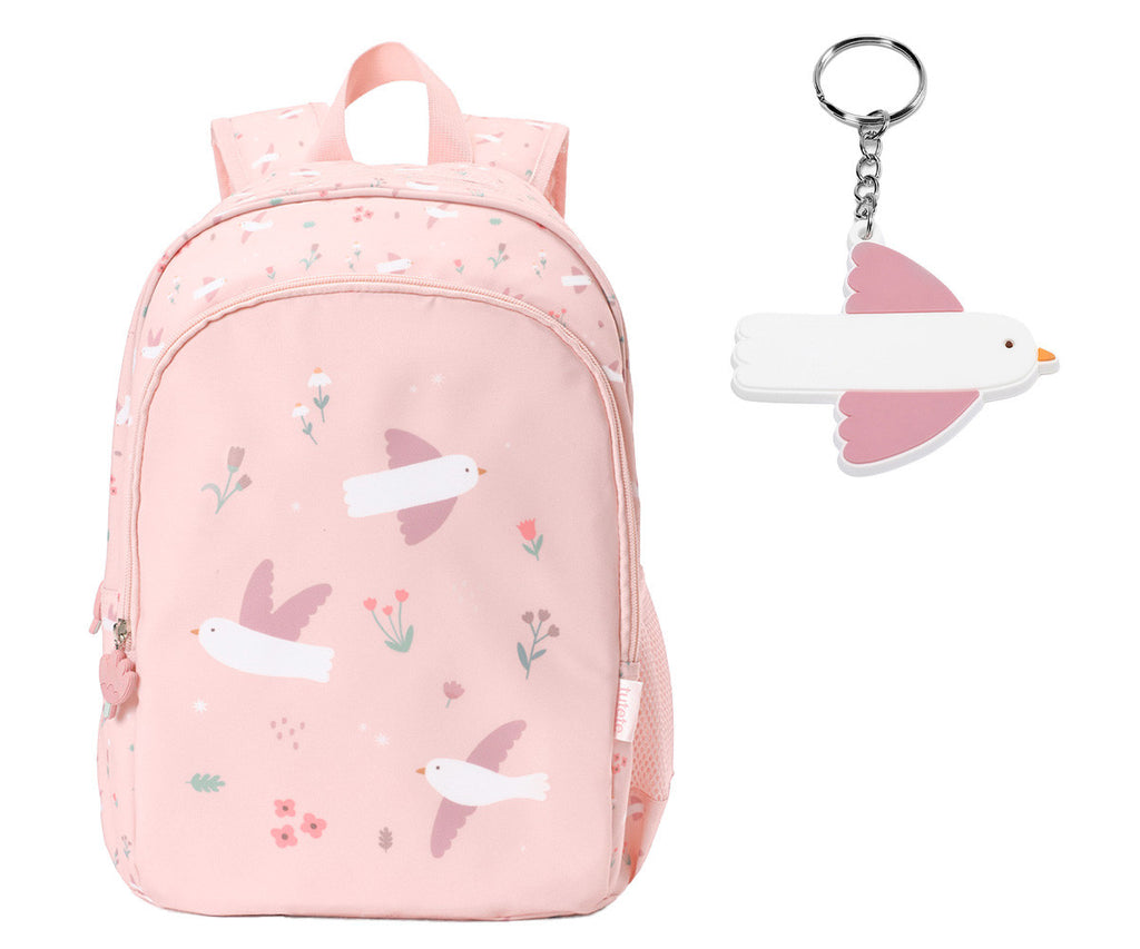 Mochila media escolar Tutete Blossom Birds em plastico reciclado RPET com porta-chaves