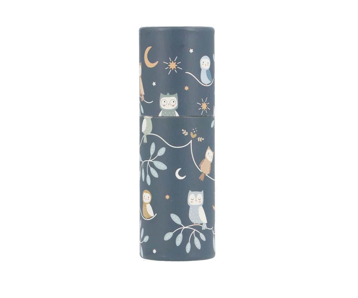 Tubo de lápis Tutete azul-escuro com padrão noturno de corujas, luas e ramos, perfeito para a coleção Regresso às Aulas.