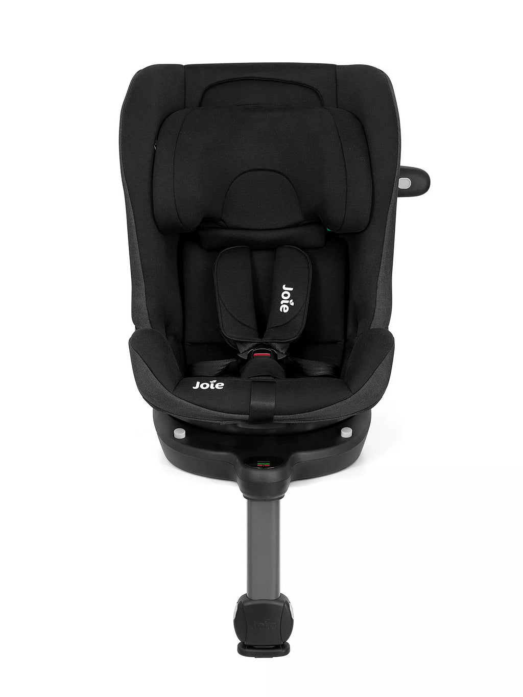 Vista frontal da cadeira Joie i-Spin XL preta com arnês de 5 pontos e redutor acolchoado.