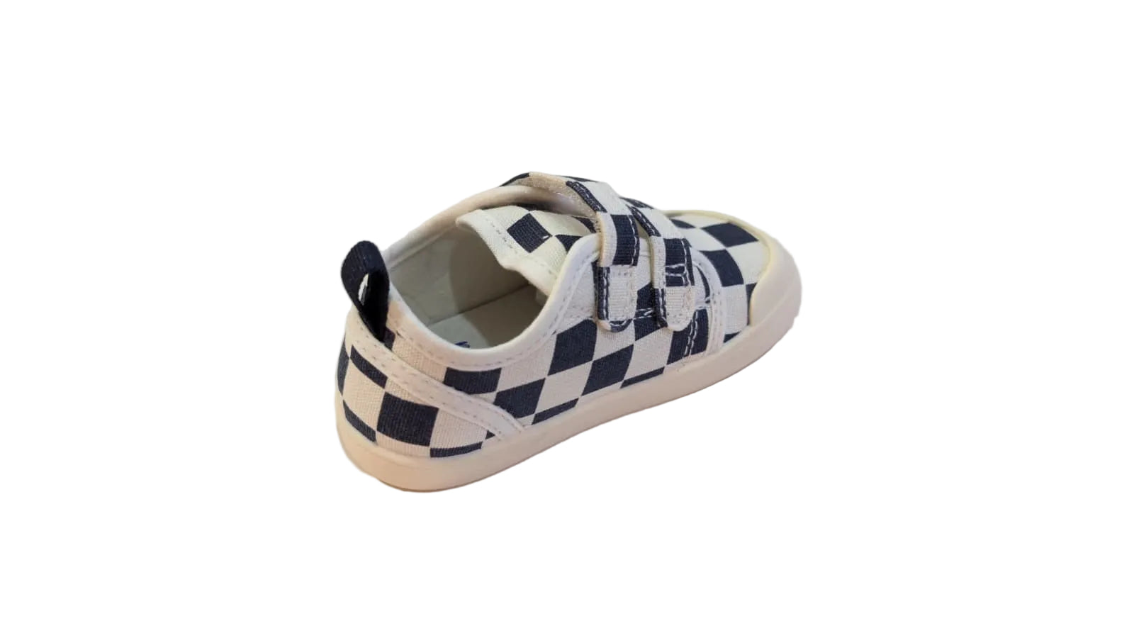 Vista traseira dos ténis barefoot Chetto xadrez azul com detalhe do calcanhar e presilha de apoio.