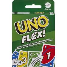 Caixa de jogo de cartas UNO Flex! da Mattel, predominantemente verde, exibindo o título e exemplos de cartas numeradas e de ação.