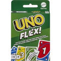 Caixa de jogo de cartas UNO Flex! da Mattel, predominantemente verde, exibindo o título e exemplos de cartas numeradas e de ação.