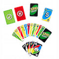Várias cartas do jogo UNO Flex! espalhadas, mostrando números, símbolos de ação, e as novas cartas de "Flex" e "Power" sobre um fundo branco.