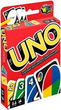 Caixa vermelha do jogo de cartas UNO da Mattel, exibindo o logótipo grande e cartas de ação personalizáveis.