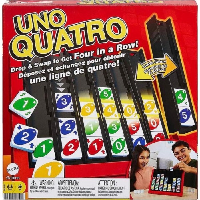 Caixa do jogo de cartas UNO Quatro (UNO Quatro) da Mattel, mostrando o tabuleiro e peças coloridas com crianças a jogar.