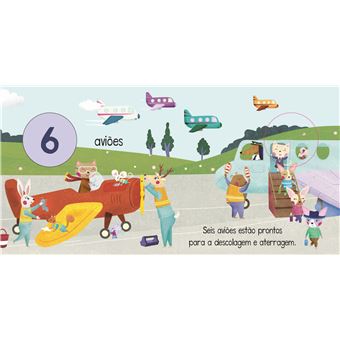 Ilustração da página do livro mostrando seis aviões num aeroporto, com animais como passageiros e funcionários.