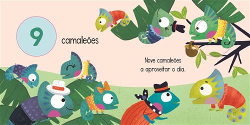 Ilustração da página do livro mostrando nove camaleões com roupas diferentes, em cima de folhas de plantas.