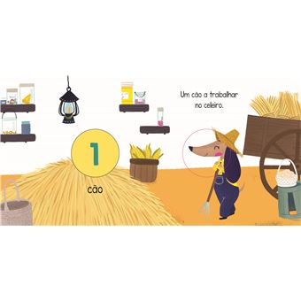 Ilustração da página do livro mostrando um cão a trabalhar no celeiro, com vários objetos ao redor.