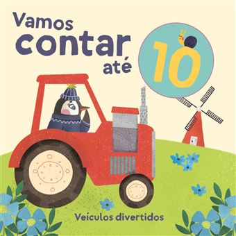 Capa do livro "Vamos Contar até 10", com um pinguim a conduzir um trator num campo, com um moinho de vento ao fundo.