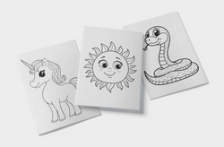 Detalhe de páginas interiores do livro "Vamos Pintar? Vol. 1", mostrando desenhos em preto e branco prontos para colorir, como um unicórnio, um sol e uma cobra.