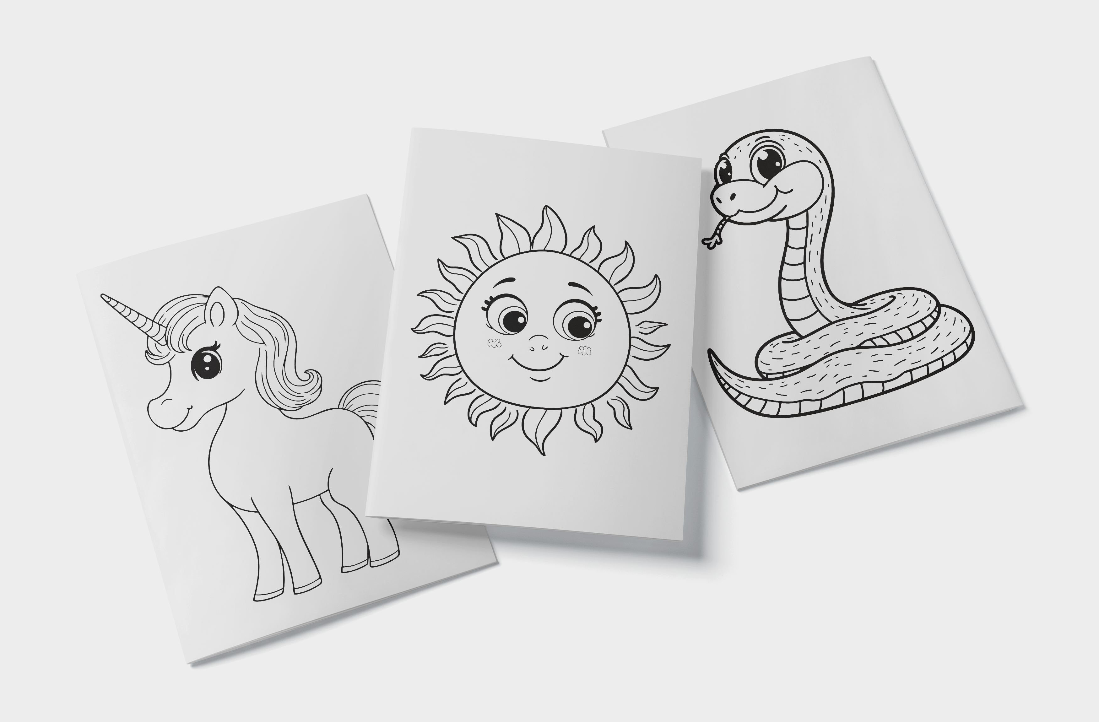 Detalhe de páginas interiores do livro "Vamos Pintar? Vol. 1", mostrando desenhos em preto e branco prontos para colorir, como um unicórnio, um sol e uma cobra.