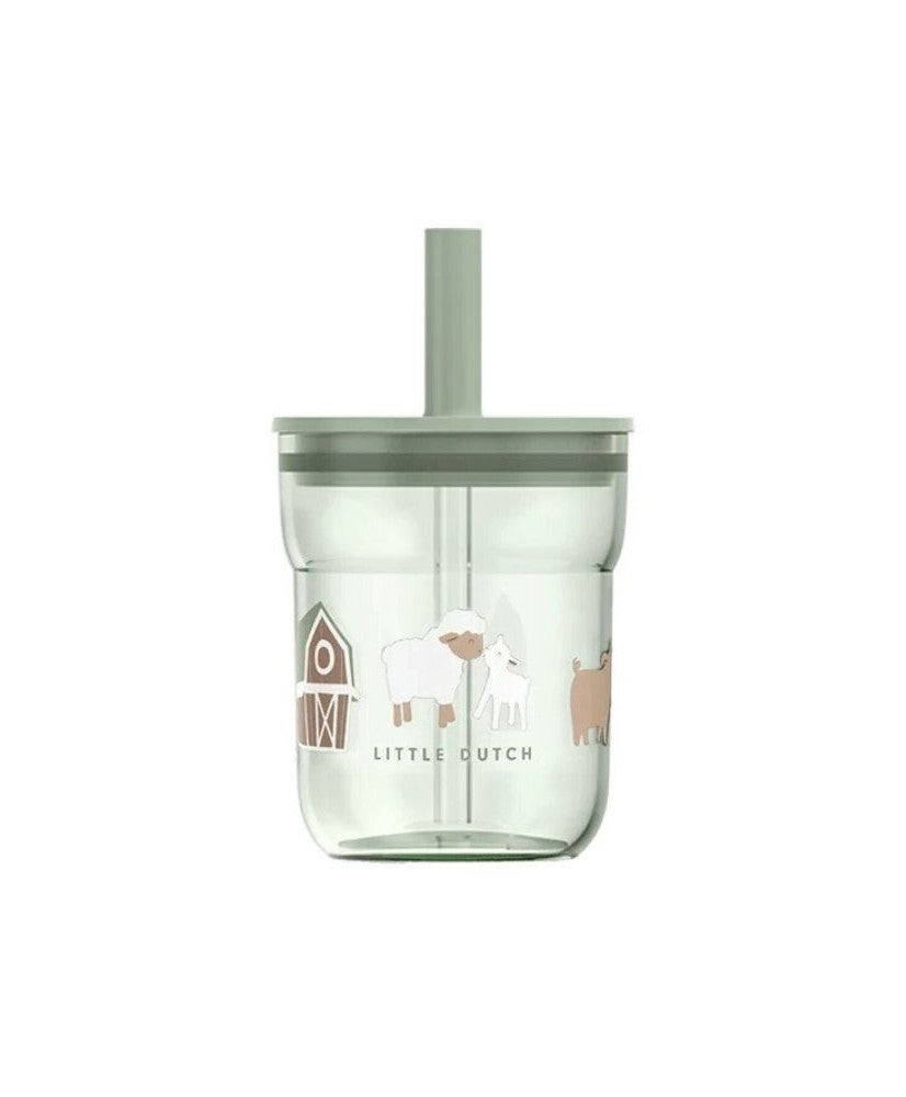 Copo Little Dutch Little Farm 250ml com palhinha, vista frontal, destacando ovelha, cabra e logo.