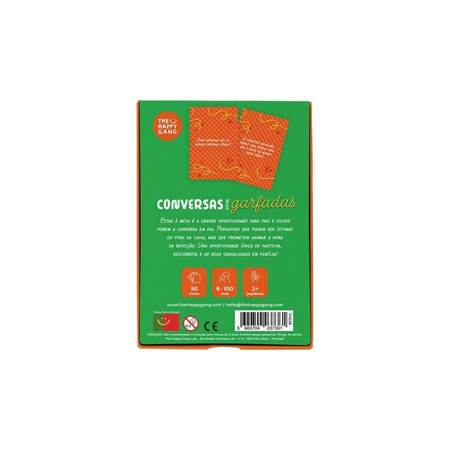 Verso da caixa do jogo "Conversas Garfadas", mostrando o título, 50 cartas, faixa etária 8-100 anos (corrigido para 6-106), 2+ jogadores e informações de contacto da The Happy Gang.
